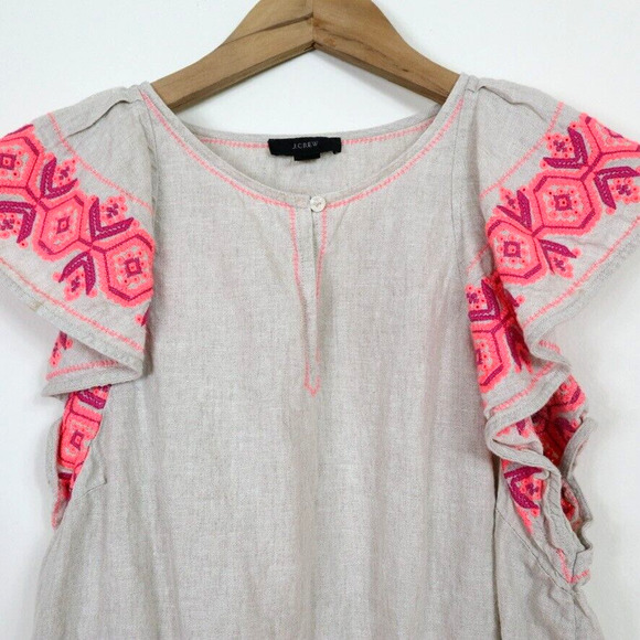 J Crew Size M Embroidered Linen Flutter Sleeve Top Cream Pink Orange - Picture 4 of 9
